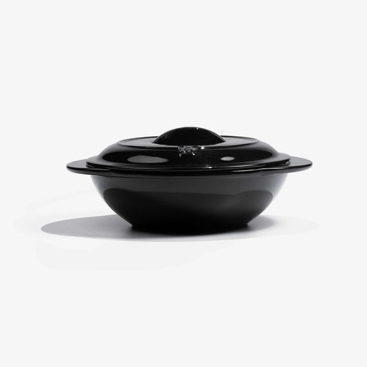 Xtrema pure ceramic black covered casserole dish on a white background.
