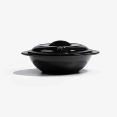 Xtrema pure ceramic black covered casserole dish on a white background.