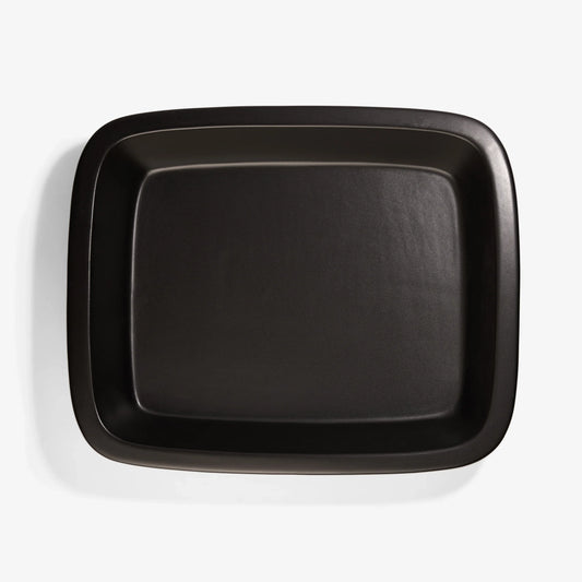 Top-down view of a matte black Xtrema pure ceramic rectangular baking dish.