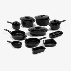 A comprehensive set of matte black Xtrema pure ceramic cookware pieces on a white background.