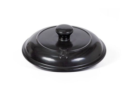 Xtrema black pure ceramic cookware lid with knob on a white background