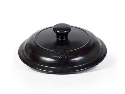 A professional black Xtrema pure ceramic cookware lid with a rounded knob on a white background.